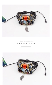 Detailed macro view of multilayered braided leather bracelet with beads and leaf charm