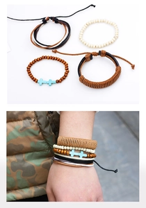 Détails du lot de 4 bracelets en cuir et perles de bois avec croix turquoise