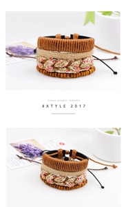Detail of bohemian multi-layer braided leather bracelets with floral fabric and wooden beads