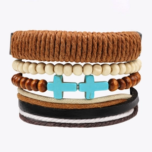 Combinaison de Bracelet Multicouche en Cuir Bohème pour Homme Femme Fait à la Main Corde de Chanvre Perles en Bois Croix Turquoise Bijoux Rétro