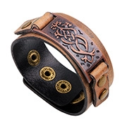 Macro detail of brown leather cuff bracelet with antique copper plating and metal studs