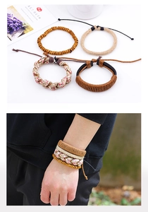 Detailed view of bohemian 4-piece set featuring braided ropes and floral fabric bracelets