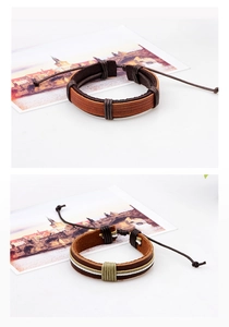 Detailansicht brauner Lederarmbänder im Set mit farbigen Kordeln und Flechtoptik