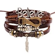 Detail of multi-layer leather bracelet with Believe plate and silver feather charm