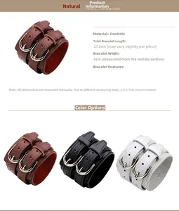 Detail view of double buckle cowhide leather bracelet with 27.2cm length and 5cm width