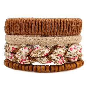 Bohemian Woven Leather Bracelet Multilayer Adjustable Floral Print Wood Bead Jewelry For Women Vintage Rural Hand Chain