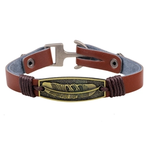 Vintage Leather Bracelet For Men Retro Woven Alloy Leaf Feather Pendant Anchor Hook Punk Bohemian Fashion Jewelry Wristband