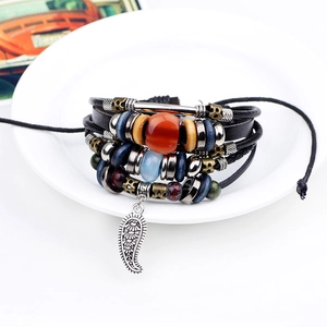 Ethnic retro multi-layer woven leather bracelet with colorful resin beads and feather charm