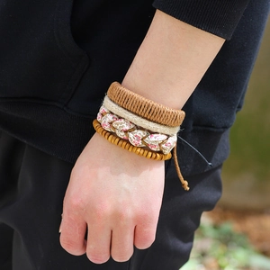 Handmade woven multilayer leather bracelet set with floral fabric and wooden beads