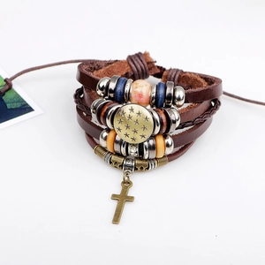 Retro multilayer dark brown leather bracelet with cross pendant and beaded star accents