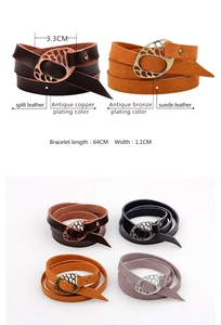 Detail of multi-layer leather bracelets with hollow wing clasps in four vintage colors