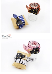 Polka dot fabric scarves bracelets with black leather straps and gold metal buckles