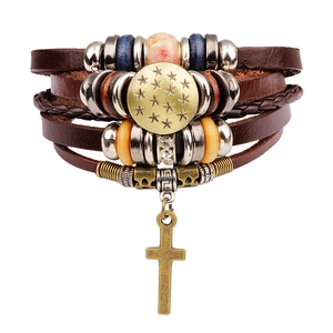 Retro multi-layer leather bracelet with cross pendant and bohemian beaded accents