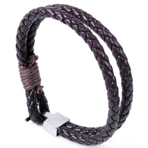 Detail of dark brown double-layer braided leather bracelet with silver metal square clasp