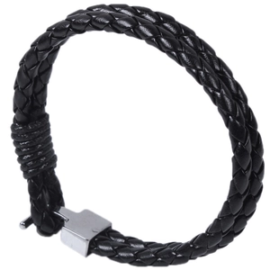 Detail of black braided leather bracelet with silver metal T-bar clasp closure