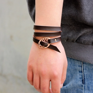 Brown multi-layer leather wrap bracelet with rose gold hollow oval metal charms