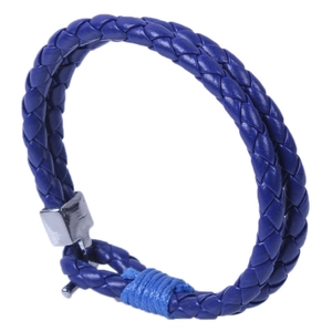 Detail of dark blue braided leather bracelet featuring a silver T-bar clasp closure