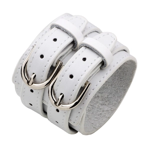 White double-buckle wide leather bracelet featuring premium cowhide and silver metal pin buckles