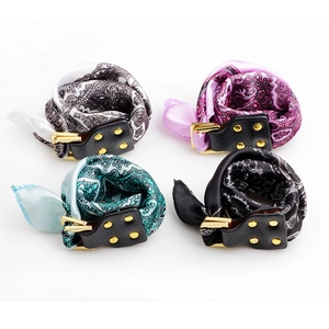 Set of four paisley silk scarves with leather buckle and gold metal hardware