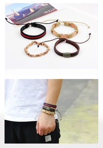 Détails du lot de 4 bracelets vintage en cuir avec perles en bois et tresses
