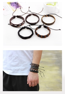 Detail of 5-piece men's leather woven bracelets with adjustable vintage cord knots