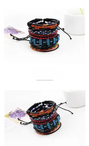 Detail view of multi-layer woven leather bracelets with colorful cords and adjustable sliders