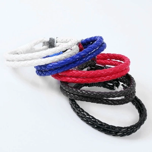 Classic braided leather bracelets in black, red, blue, and white with metal clasps