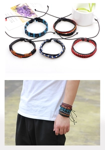 Close-up of colorful woven leather bracelet set with adjustable drawstring closure