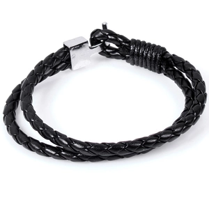 Minimalist double-wrap black braided leather bracelet with silver magnetic metal clasp