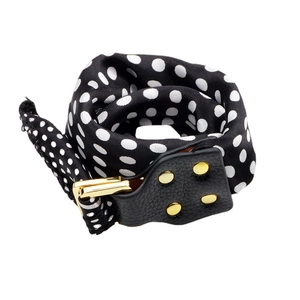 Polka dot silk scarf strap for bags and wrists with black leather and gold hardware