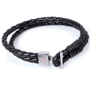 Men's black braided leather bracelet with silver T-bar clasp and engraved fleur-de-lis