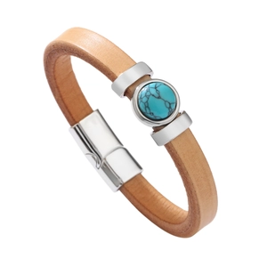 Bracelet vintage en cuir avec incrustation de turquoise et fermoir en métal argenté