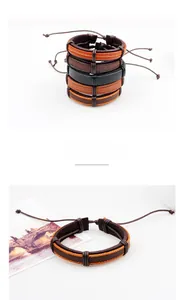 Detail of adjustable leather bracelet set with colorful wax cord stitching and sliding knots