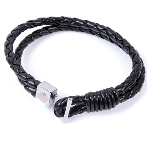 Minimalist double-wrap black woven leather bracelet with vintage fleur-de-lis metal T-bar clasp
