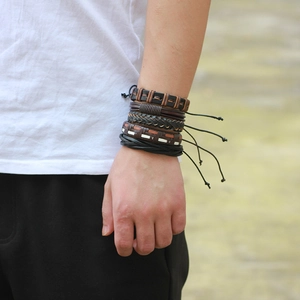 Five-piece vintage multilayer braided leather bracelet set for men in black and brown