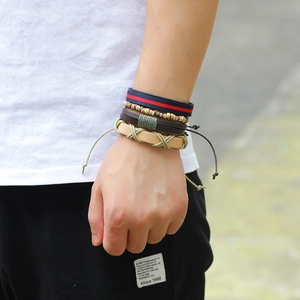 Bracelet multicouche rétro pour homme en cuir avec lanières tissées et perles