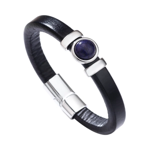 Bracelet vintage en cuir noir avec lettre M, turquoise bleue et pierre oeil de tigre