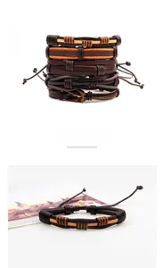 Detail of dark brown leather braided bracelet set with adjustable cord for men