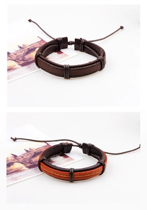 Detail of adjustable layered leather bracelets in brown and tan with braided cords