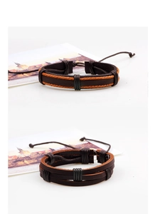Detail view of dark brown multilayer leather bracelets with orange stitching and pull-cord