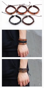 Detail of 5-piece multilayer woven leather bracelets set with adjustable cord in vintage style