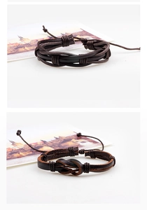 Detail of dark brown braided leather bracelet with adjustable drawstrings and knot design