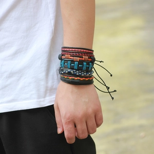Bohemian multilayer braided leather bracelet set with adjustable snake skin cords