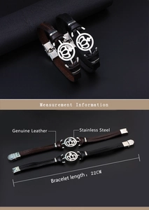 Detail view of 22cm braided genuine leather bracelets with stainless steel crown charms