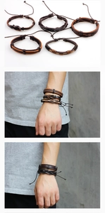 Five-piece set of men's vintage leather bracelets with adjustable braided cords