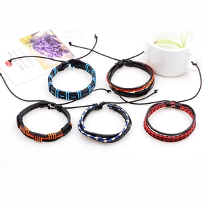 Multicolor braided leather bracelet set with adjustable drawstring and woven cord detail