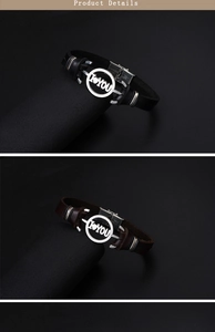 Détails des breloques I LOVE YOU en acier inoxydable sur bracelets en cuir noir et marron