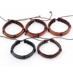 Set of five retro punk leather bracelets for men featuring adjustable woven cords