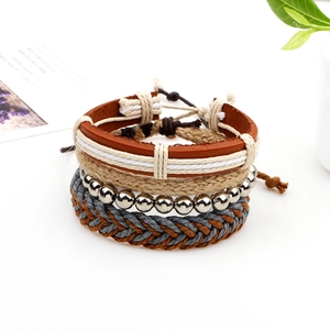 Bohemian multi-layer braided leather and hemp rope bracelet set with beads