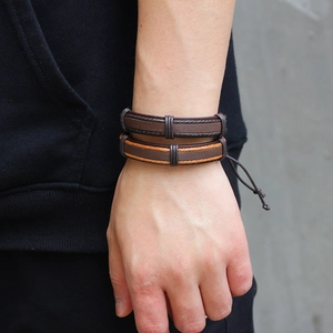 Men's retro punk layered leather bracelets with braided rope and adjustable cord